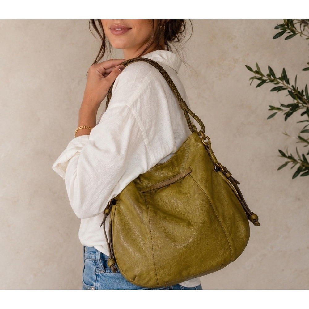 Elliott Lucca Olive Pebbled Soft Leather Hobo Shoulder Bag Woven Handle Boho